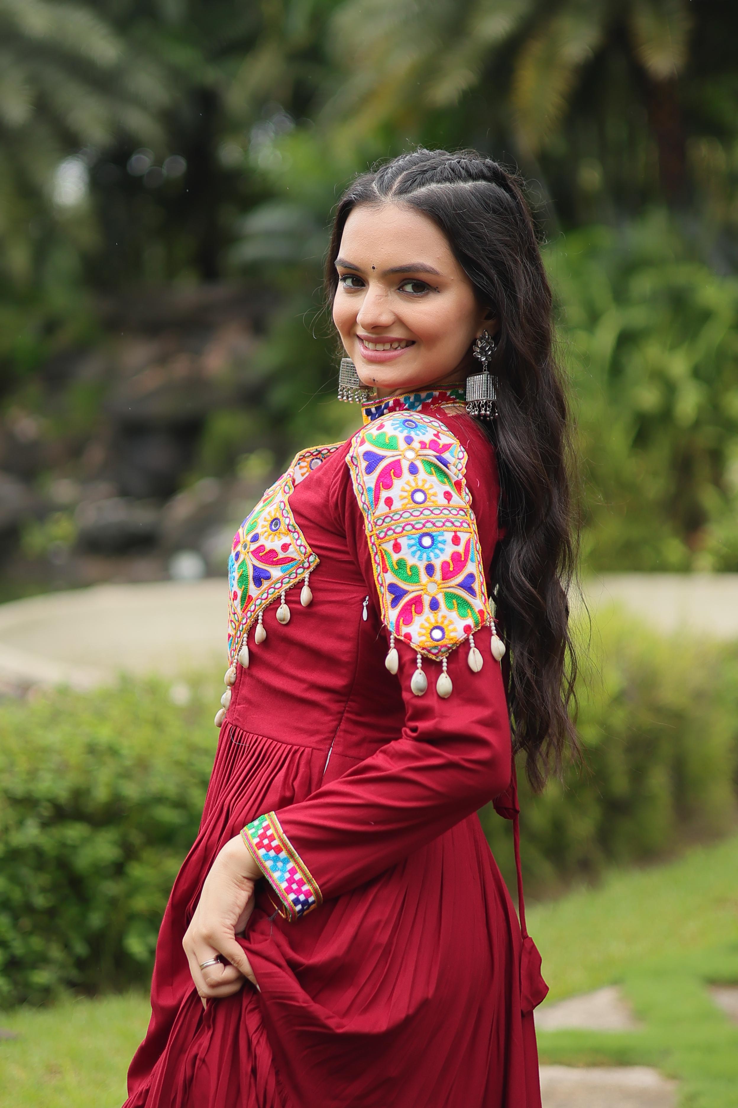 Lorenvalley Maroon Rayon Fabric with Kutchi Gamthi work Gown | Grocsy