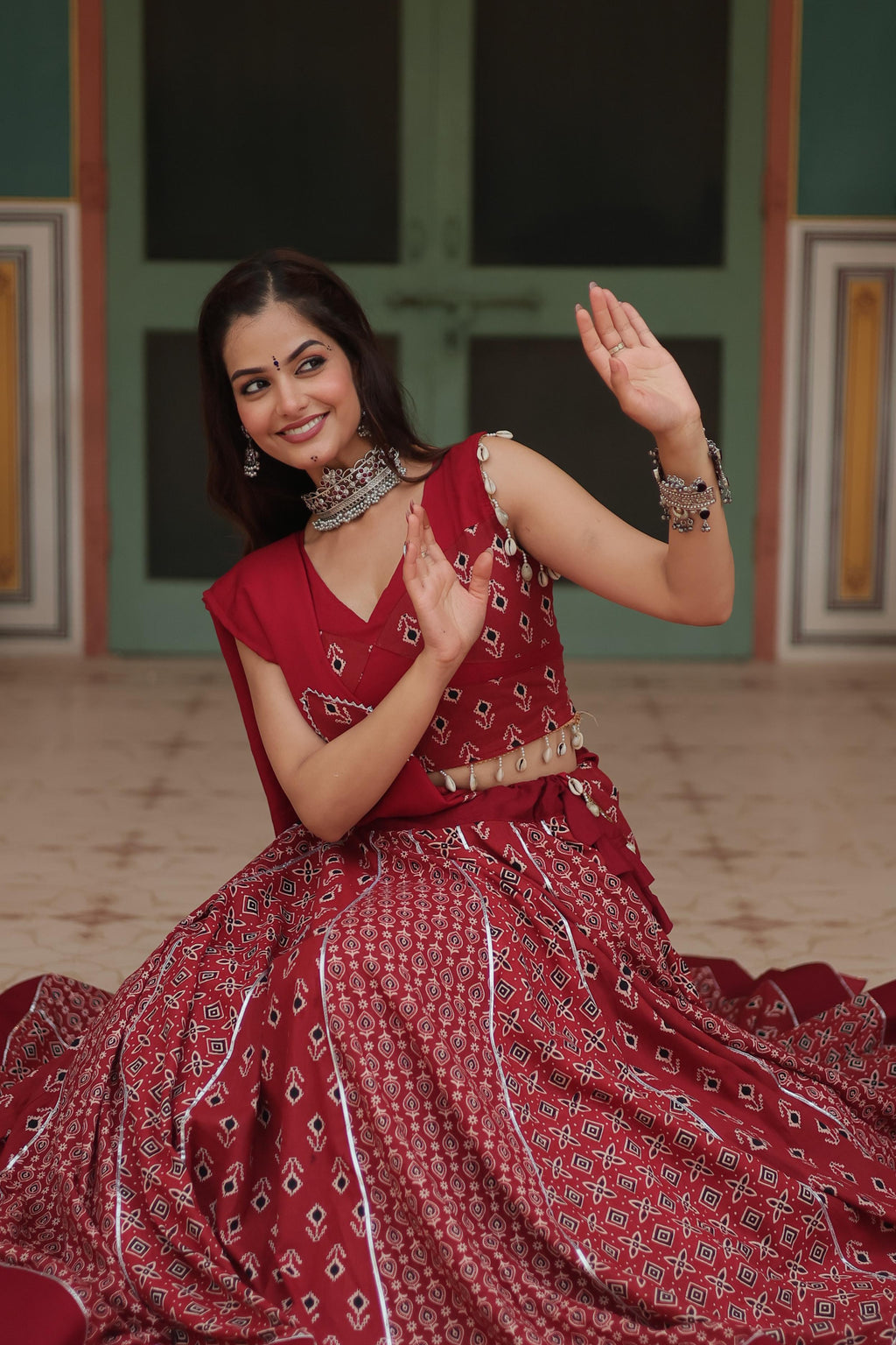 Lorenvalley Maroon Rayon Gota Patti Lace Printed Kali Pattern Lehenga Choli with Dupatta | Grocsy