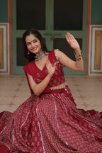 Lorenvalley Maroon Rayon Gota Patti Lace Printed Kali Pattern Lehenga Choli with Dupatta | Grocsy