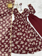 Lorenvalley Pure Faux Georgette Multi Floral Print Fully Flared Anarkali Pant With Dupatta Set - Maroon | Grocsy