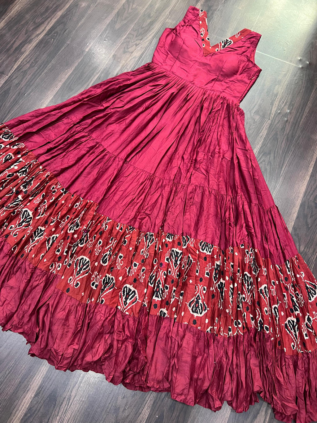 Lorenvalley Maroon Rayon Fabric with Printed Attached In Frill And Neck Gown | Grocsy