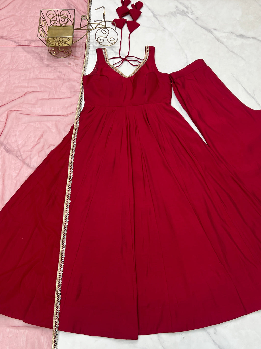 Lorenvalley Fashion Maroon Pure Romansilk Chanderi Fabric Yoke Fancy Lace Work Anarkali Kurta Pant With Dupatta Set | Grocsy
