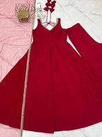Lorenvalley Fashion Maroon Pure Romansilk Chanderi Fabric Yoke Fancy Lace Work Anarkali Kurta Pant With Dupatta Set | Grocsy