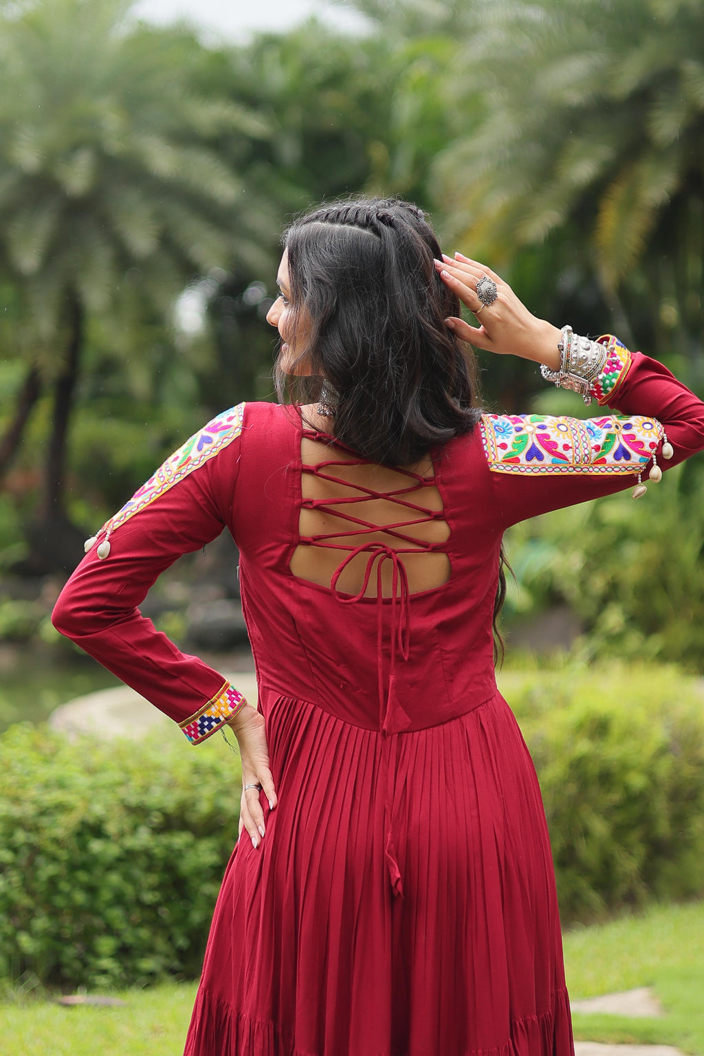 Lorenvalley Maroon Rayon Fabric with Kutchi Gamthi work Gown | Grocsy