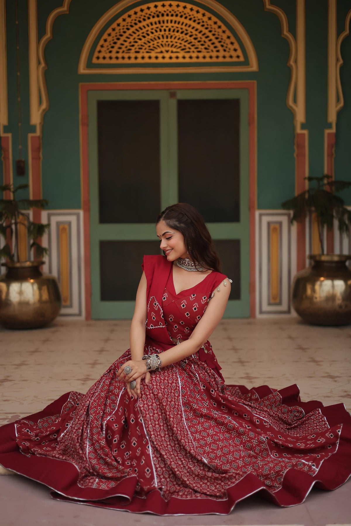 Lorenvalley Maroon Rayon Gota Patti Lace Printed Kali Pattern Lehenga Choli with Dupatta | Grocsy