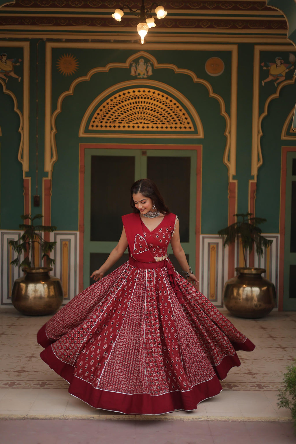 Lorenvalley Maroon Rayon Gota Patti Lace Printed Kali Pattern Lehenga Choli with Dupatta | Grocsy