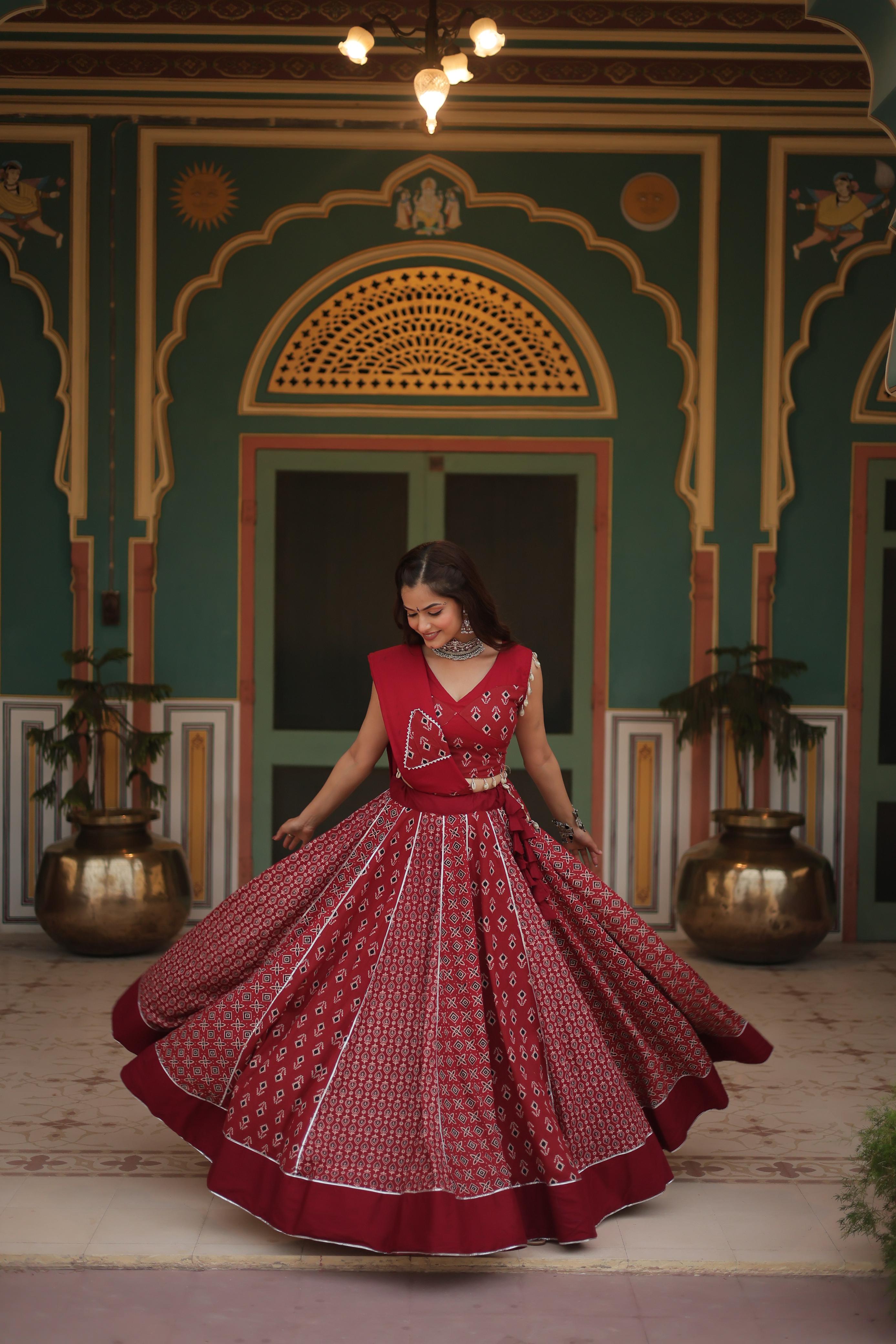 Lorenvalley Maroon Rayon Gota Patti Lace Printed Kali Pattern Lehenga Choli with Dupatta | Grocsy