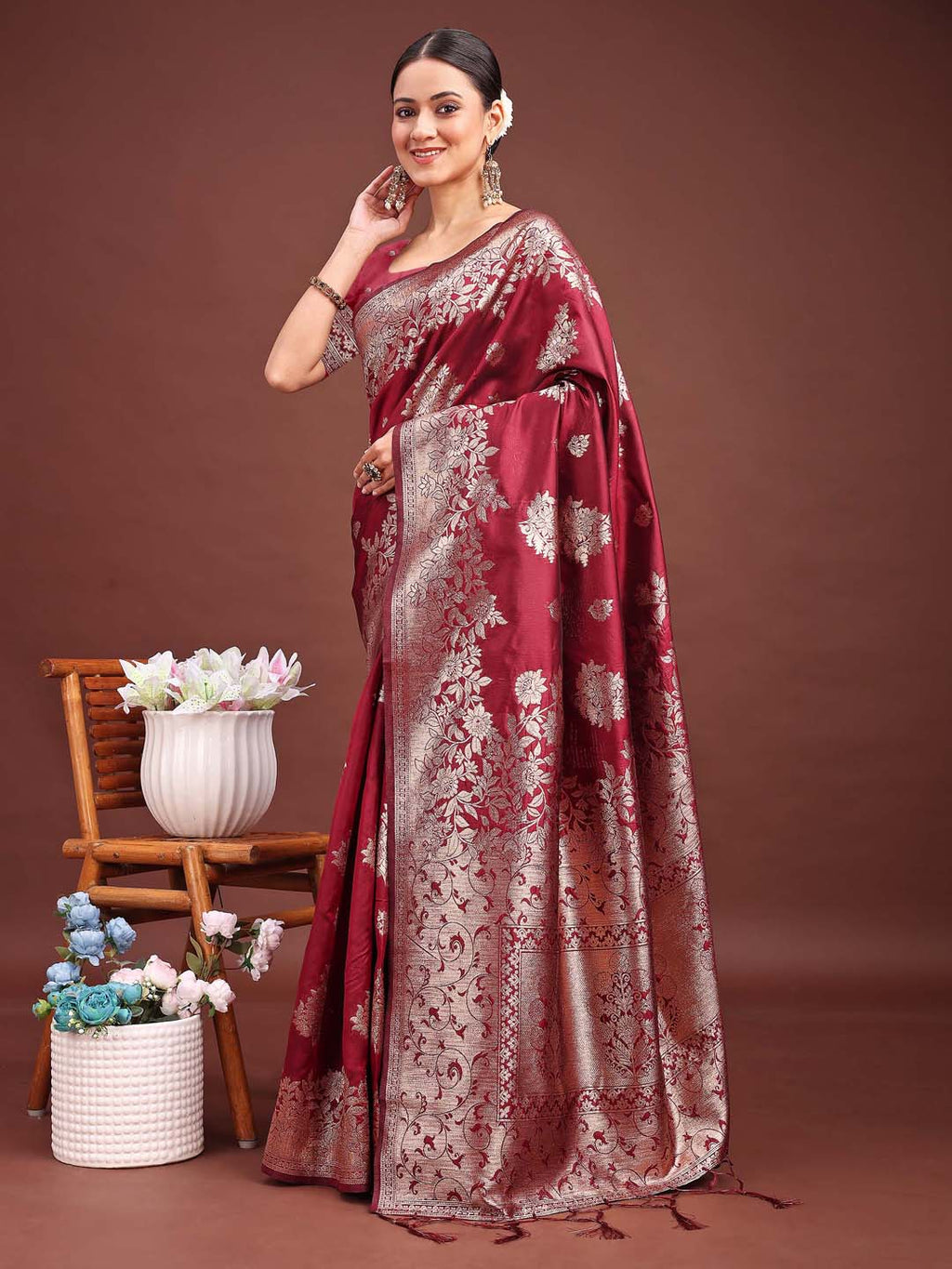 Anaita Maroon Banarasi Silk Woven Work Saree With Blouse | Grocsy