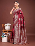 Anaita Maroon Banarasi Silk Woven Work Saree With Blouse | Grocsy