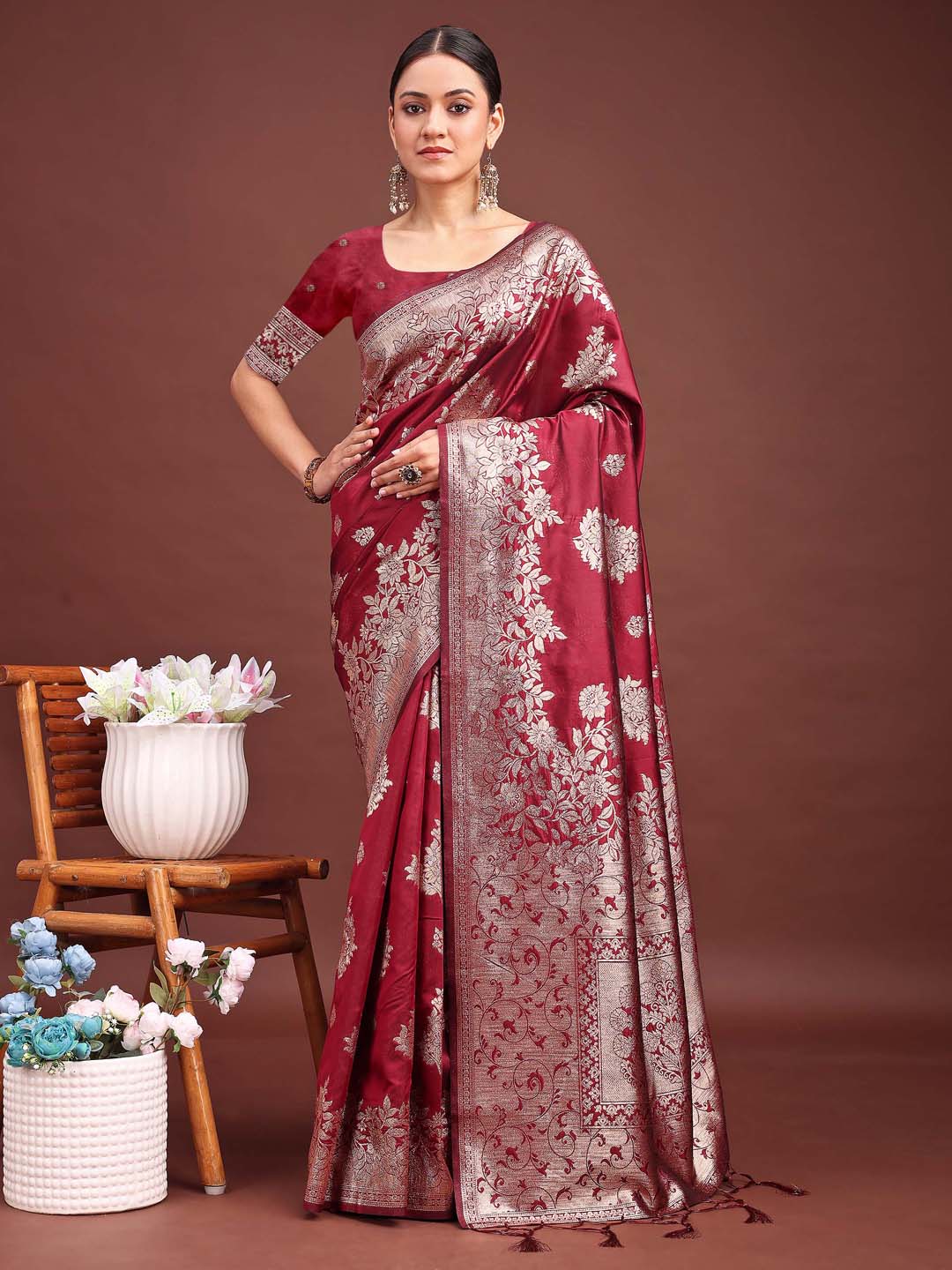Anaita Maroon Banarasi Silk Woven Work Saree With Blouse | Grocsy