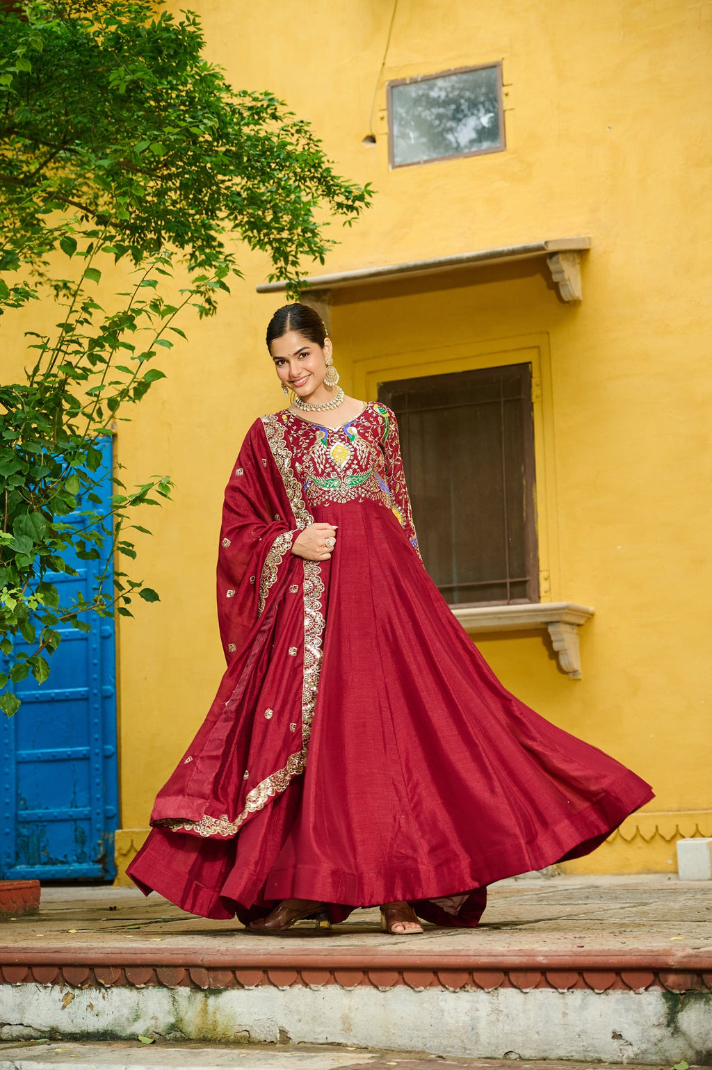 Lorenvalley Fashion Maroon Vichitra Silk with Multi Thread & Embroidered work Anarkali Gown with Dupatta | Grocsy