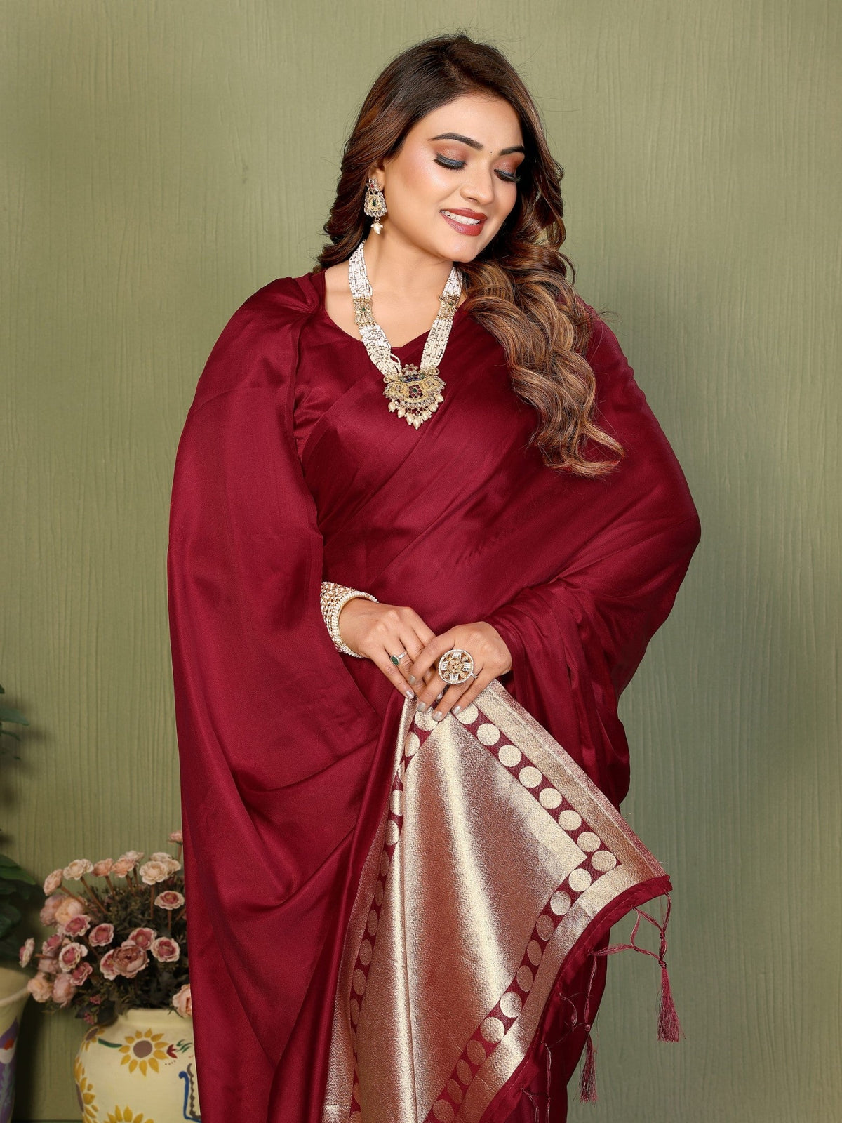 Anaita Maroon Zari Weaving Work Satin Silk Saree With Blouse | Grocsy