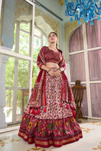 Lorenvalley Maroon Tussar Silk Floral Print with Foil Print Lehenga Choli with Dupatta | Grocsy