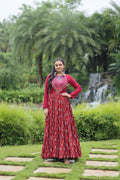Lorenvalley Maroon Cotton Printed With Kutchi Gamthi Work and Kodi Lace Gown | Grocsy