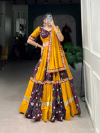 Lorenvalley Rayon with Yellow and Wine Printed Silk Original Mirror Gamthi Work and Embossed Design Gota Lehenga Choli with Dupatta | Grocsy