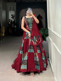 Lorenvalley Maroon Pure Cotton Plain And Printed With Foil Work Lehenga Choli with Dupatta | Grocsy