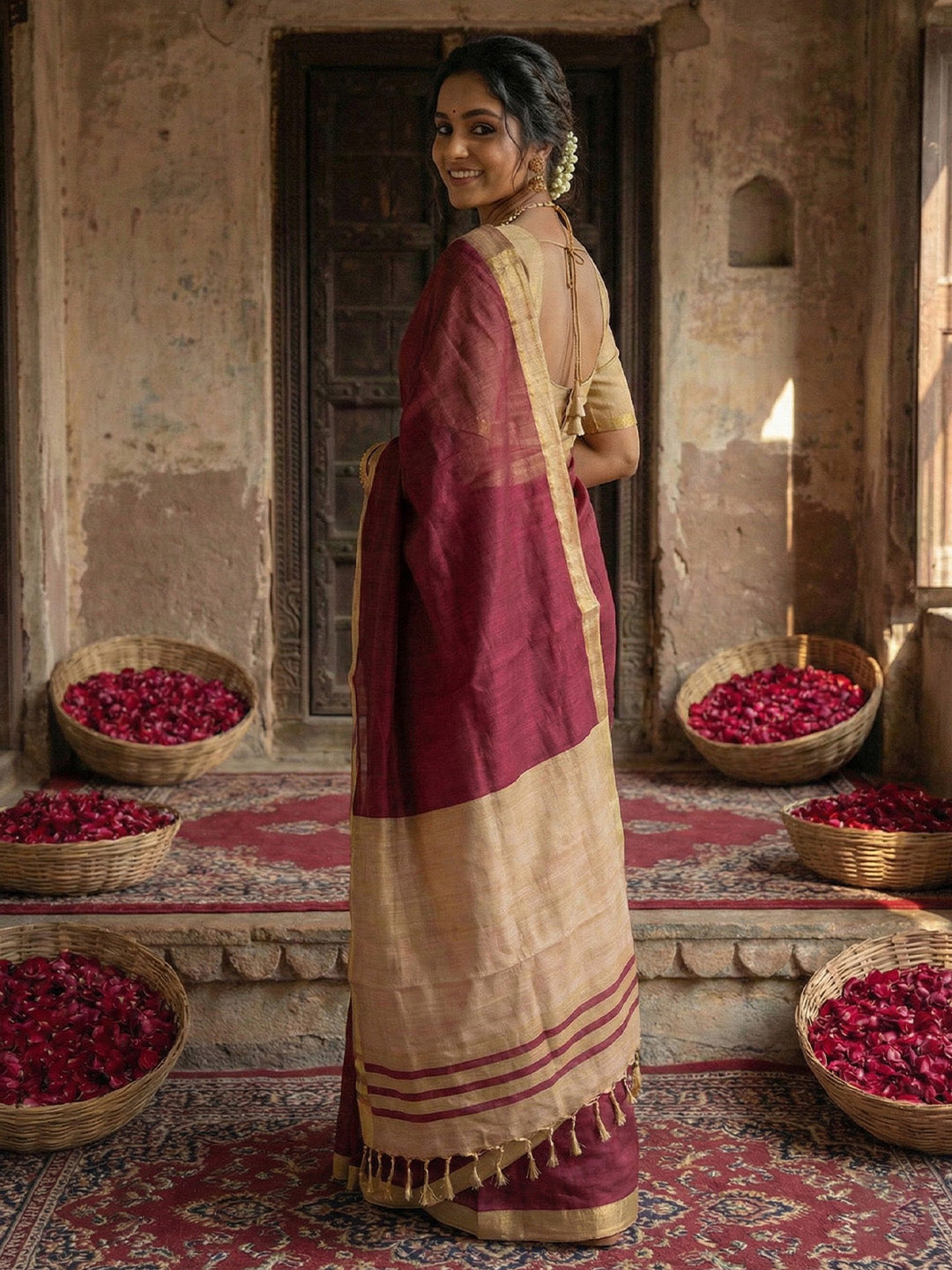 Anaita Maroon Cotton Printed Saree With Blouse | Grocsy