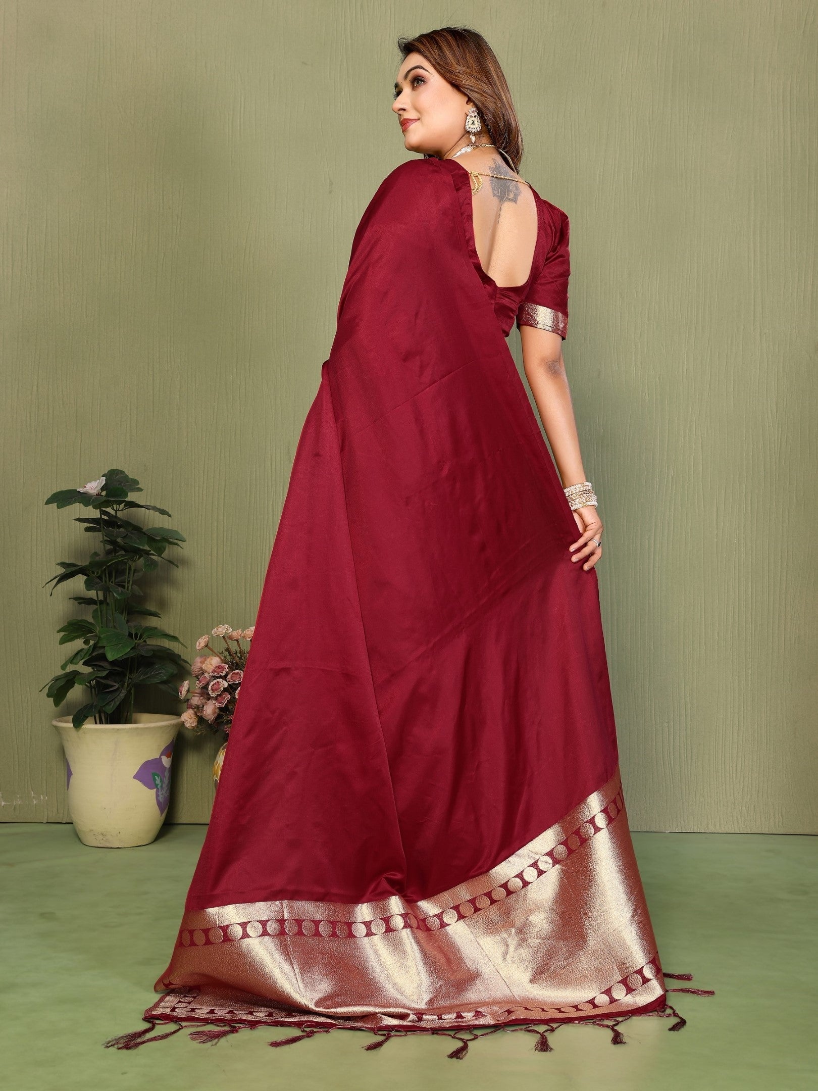 Anaita Maroon Zari Weaving Work Satin Silk Saree With Blouse | Grocsy
