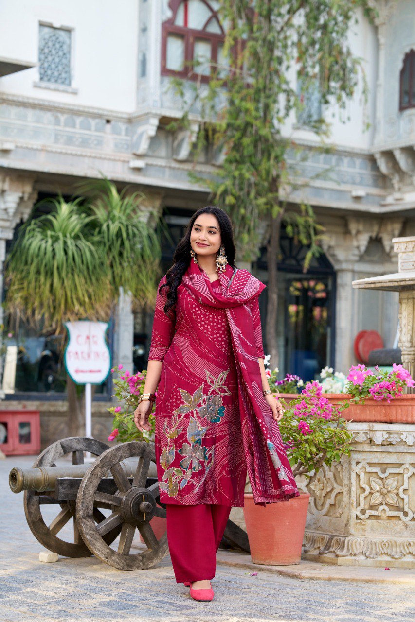 Lorenvalley Maroon Roman Silk Floral Print With Beets Handwork Kurta Set | Grocsy