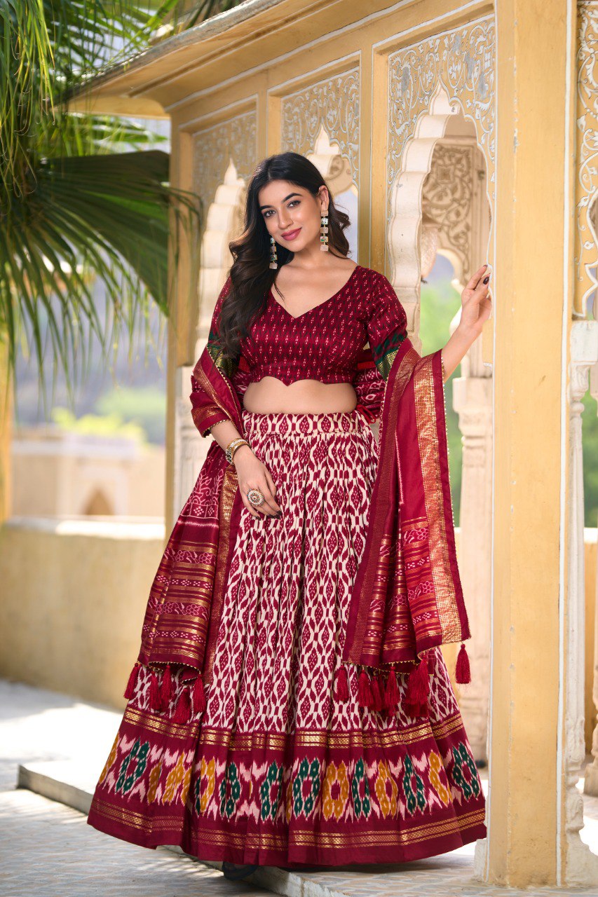 Lorenvalley Maroon Tussar Silk Ikkat Print With Foil Work Lehenga Choli with Dupatta | Grocsy