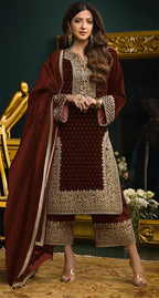 Lorenvalley Fashion Women Maroon Velvet Embroidered Salwar Suit Material | Grocsy