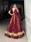 Lorenvalley Maroon Rayon and Tussar Silk Plain And Printed With Embossed Design Gota Lace Lehenga Choli with Dupatta | Grocsy