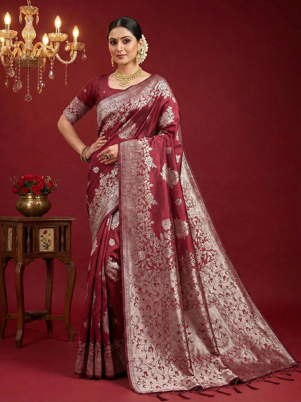 Anaita Maroon Silk Blend Woven Saree With Blouse | Grocsy