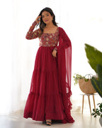 Lorenvalley Fashion Maroon Faux Georgette Embroidery 9 Needle Thread Work Anarkali Pant with Dupatta | Grocsy