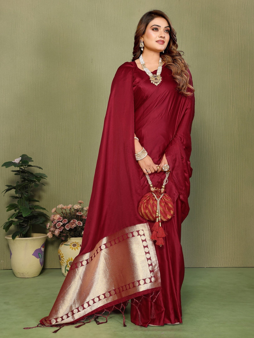 Anaita Maroon Zari Weaving Work Satin Silk Saree With Blouse | Grocsy