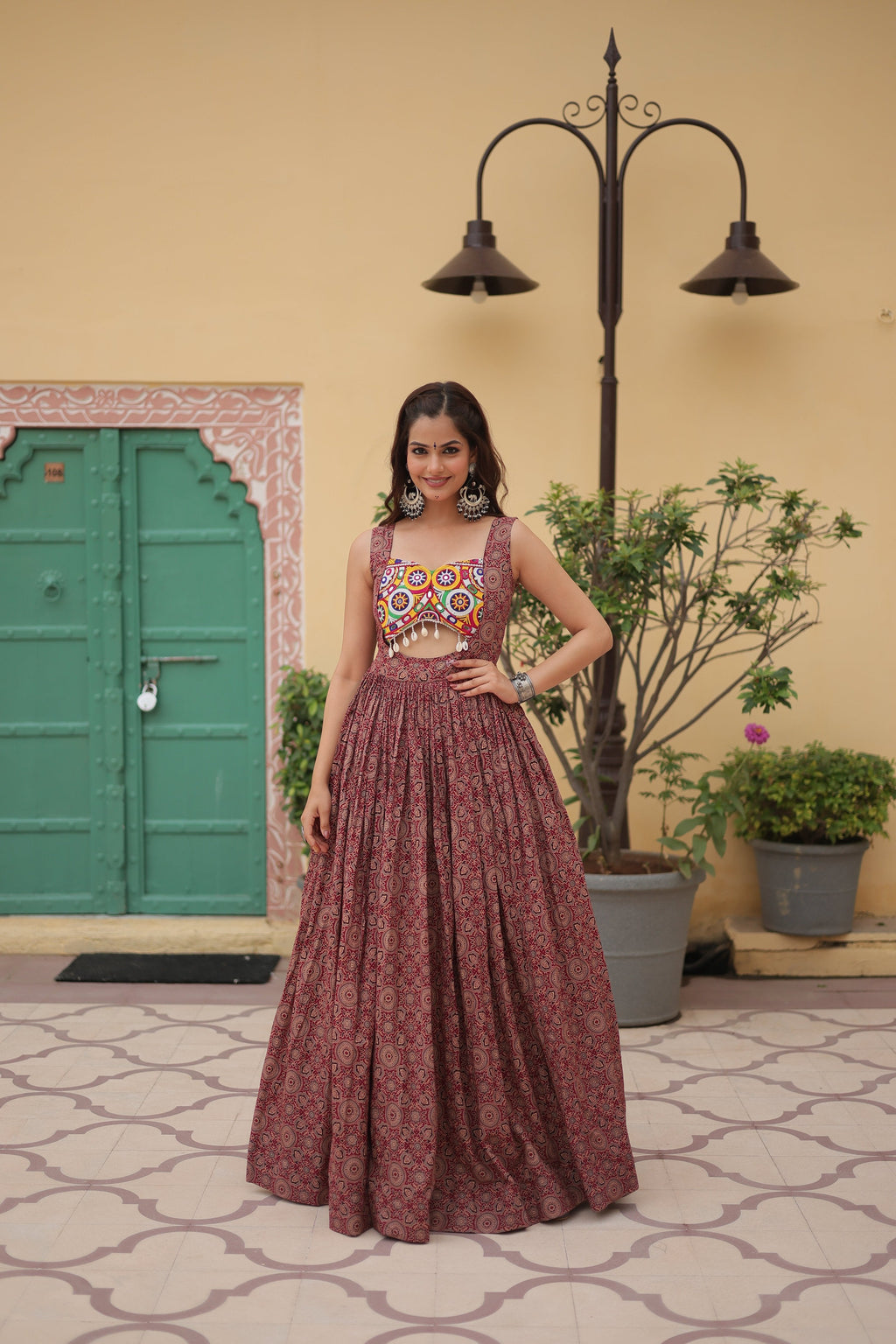 Lorenvalley Maroon Printed Cotton With Kutchi Gamthi Work and Kodi Lace Gown | Grocsy