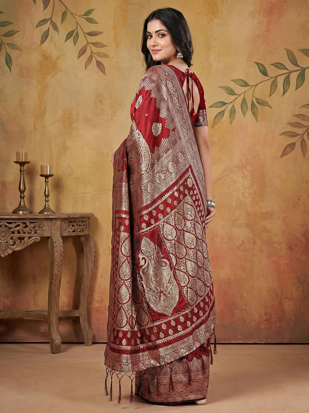 Anaita Maroon Silk Blend Woven Saree With Blouse | Grocsy