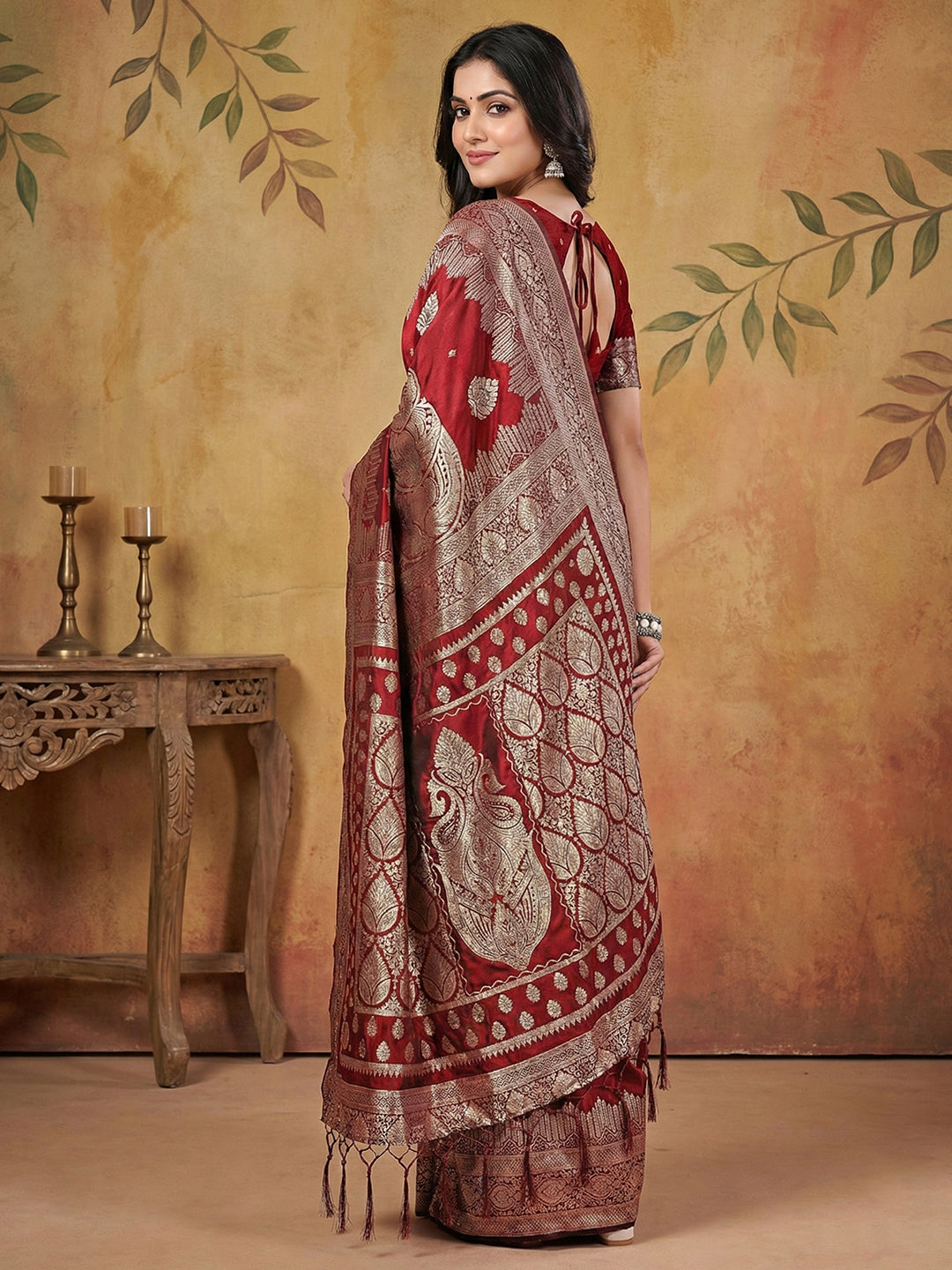 Anaita Maroon Silk Blend Woven Saree With Blouse | Grocsy