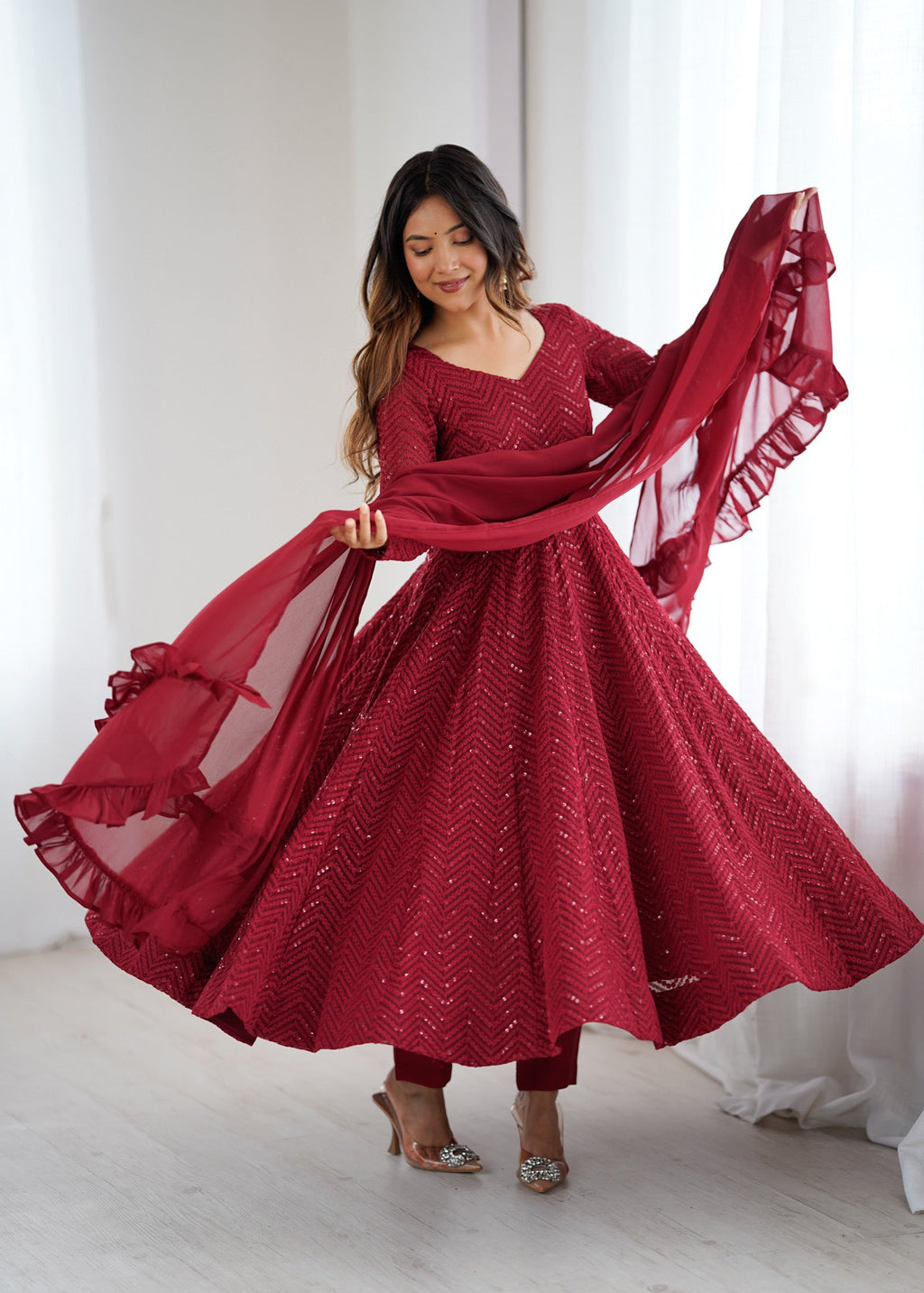 Lorenvalley Fashion Maroon Faux Georgette Lukhnowi Sequence Work Anarkali Kurta Pant With Dupatta Set | Grocsy