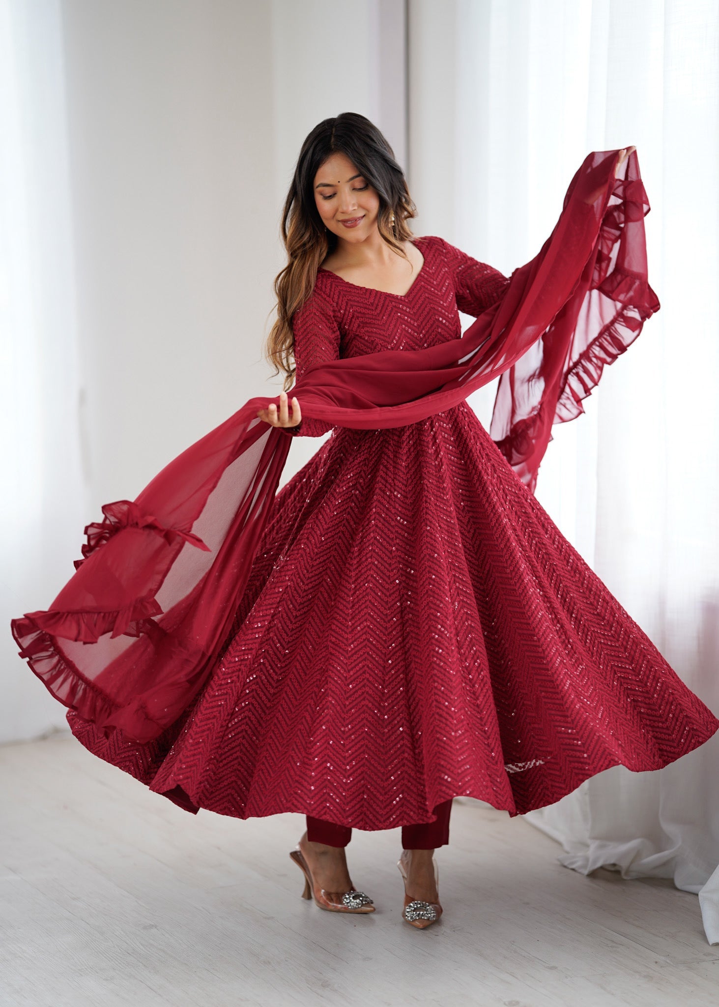 Lorenvalley Fashion Maroon Faux Georgette Lukhnowi Sequence Work Anarkali Kurta Pant With Dupatta Set | Grocsy