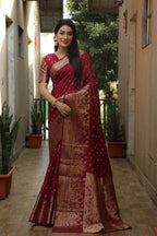 Lorenvalley Premium Pure Handmade Bandhej Kanjivaram silk saree with Zari Weaving Rich Pallu saree - Maroon | Grocsy