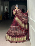 Lorenvalley Maroon Gaji Silk Digital Print With Lagadi Patta Lehenga Choli with Dupatta | Grocsy