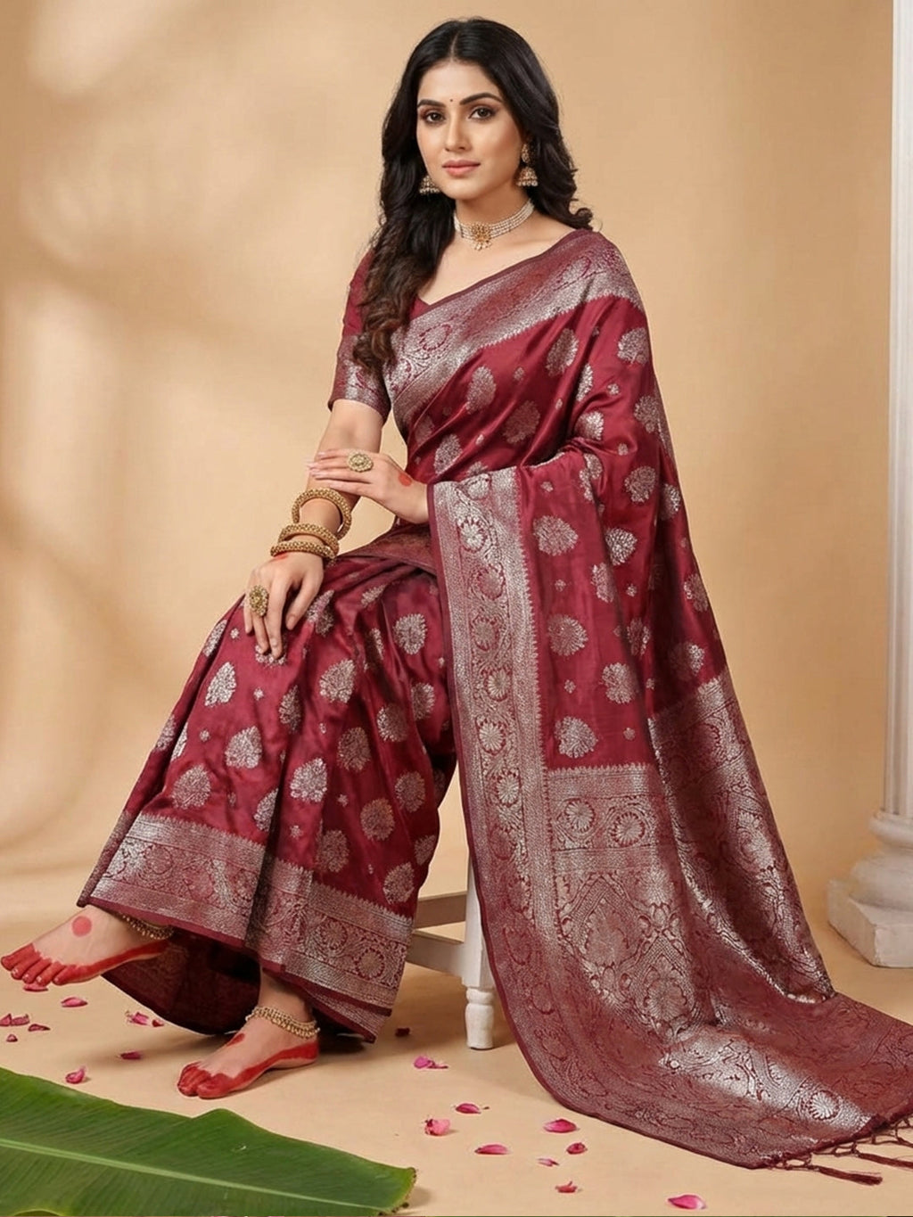 Anaita Maroon Silk Blend Woven Saree With Blouse | Grocsy