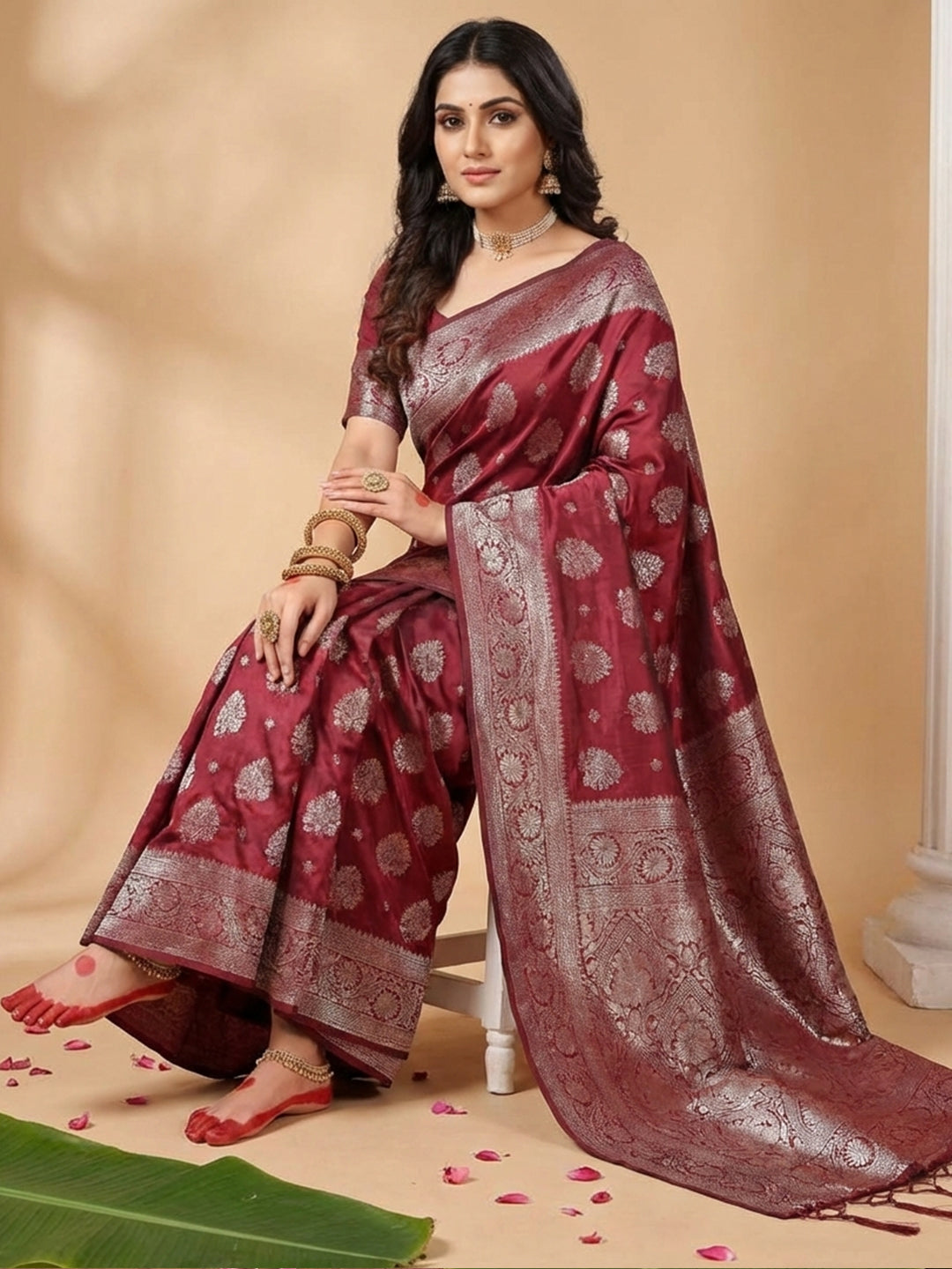 Anaita Maroon Silk Blend Woven Saree With Blouse | Grocsy