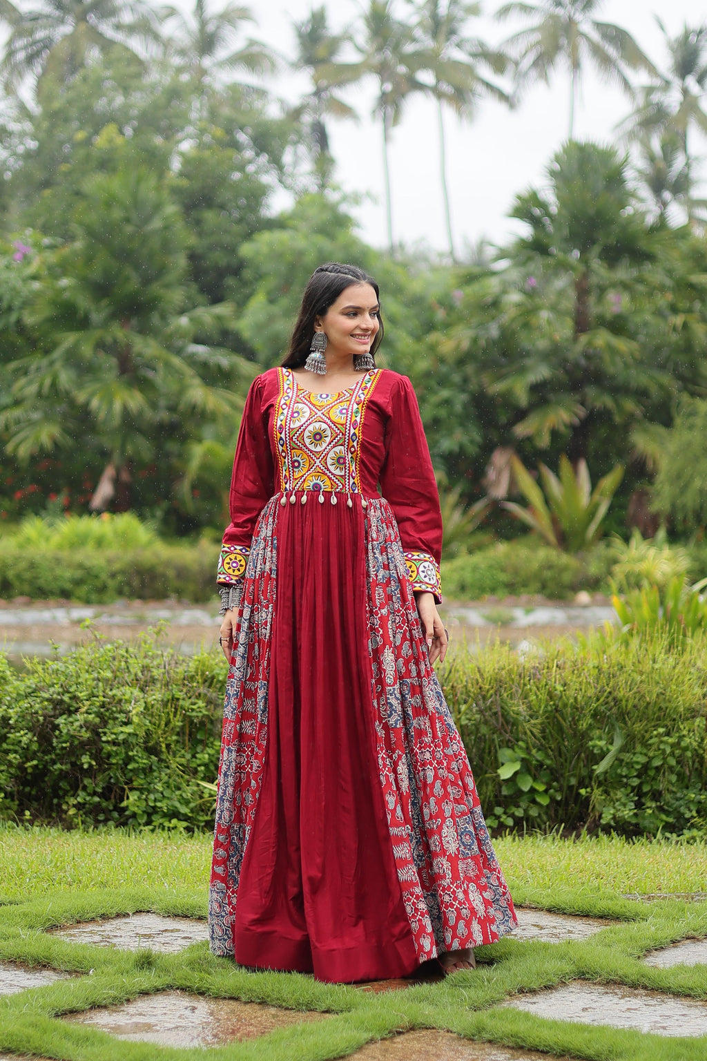 Lorenvalley Maroon Rayon Contrast of Printed with Kutchi Gamthi work Gown | Grocsy