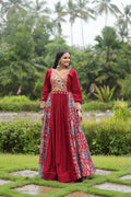 Lorenvalley Maroon Rayon Contrast of Printed with Kutchi Gamthi work Gown | Grocsy