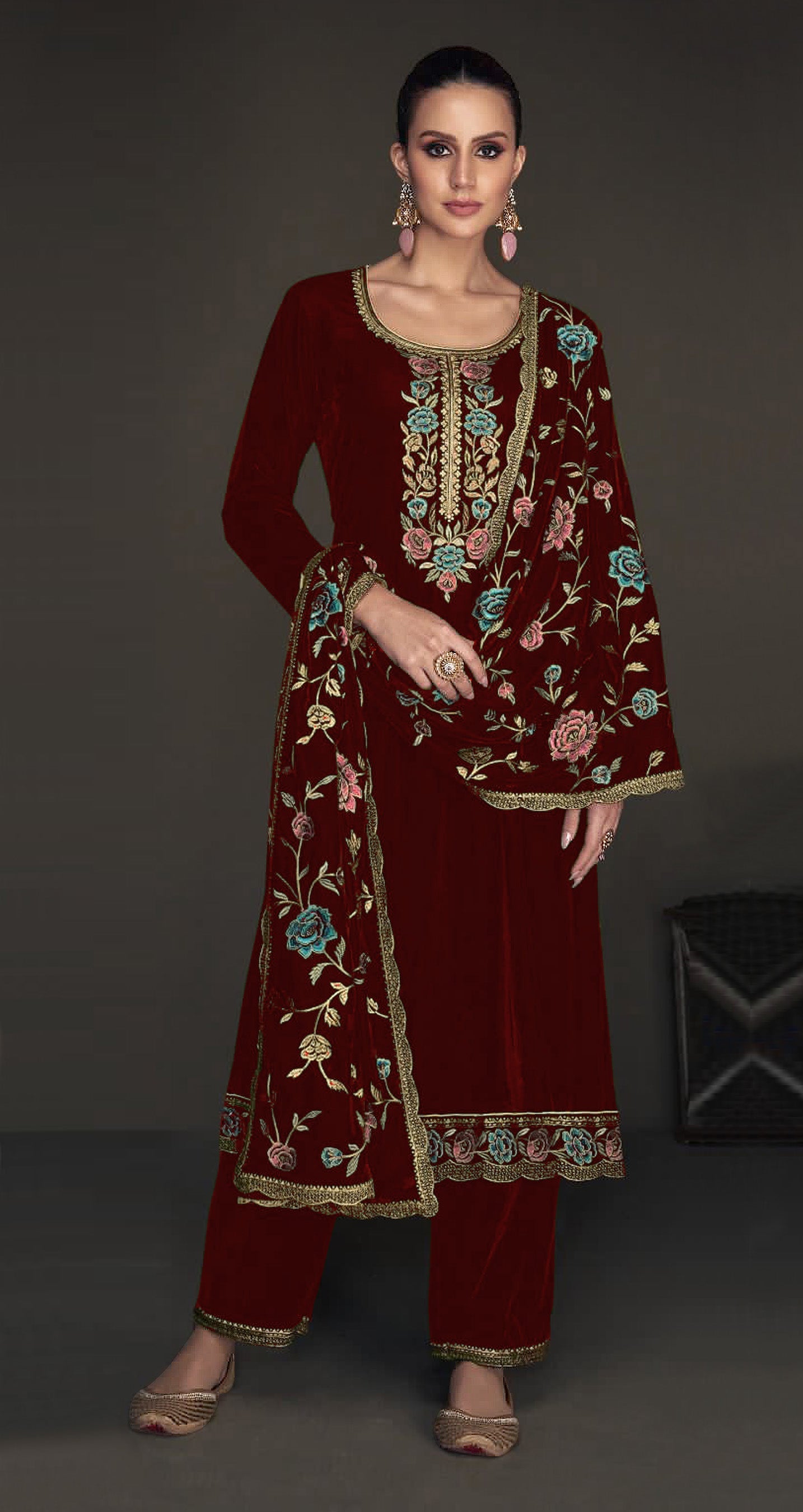 Lorenvalley Fashion Women Maroon Velvet Embroidered Salwar Suit Material | Grocsy