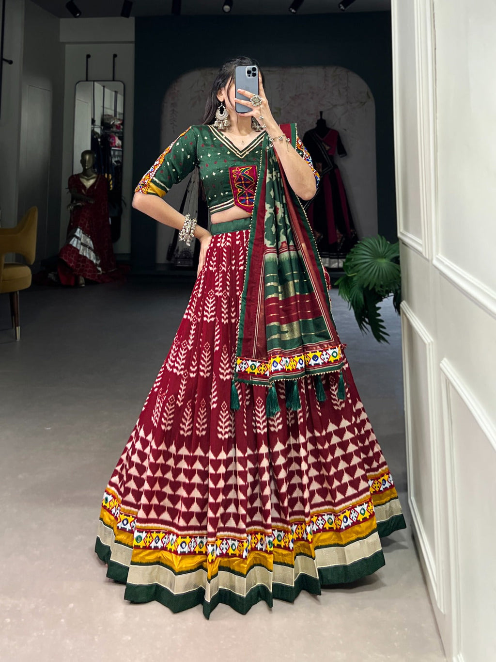 Lorenvalley Maroon Dola Silk with Printed With Foil Work And Original Mirror Gamthi Lace Touch Up Lehenga Choli | Grocsy