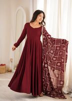 Lorenvalley Fashion Maroon Roman Chanderi Silk 16 Kali Anarkali Gown Pants with Dupatta | Grocsy