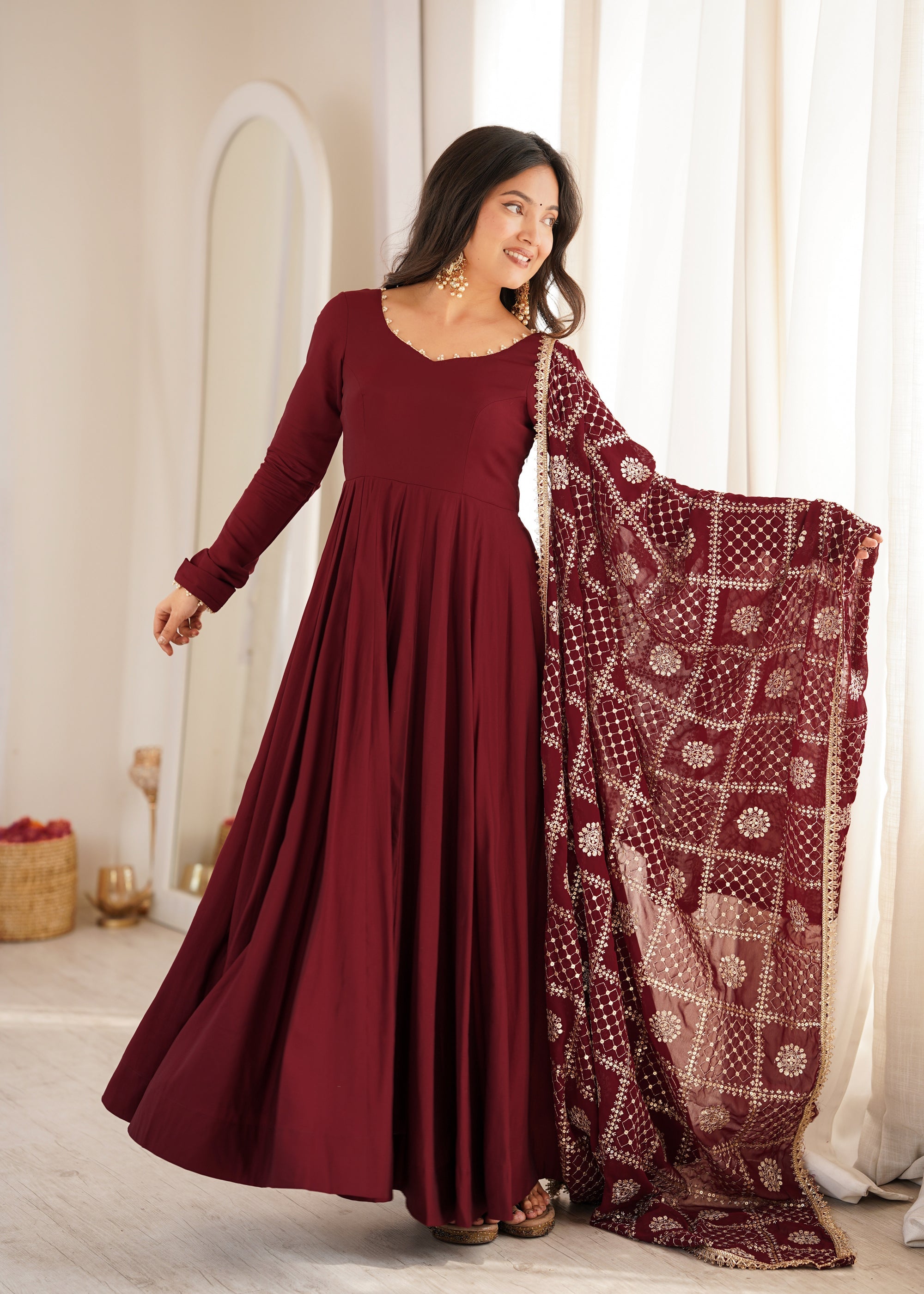 Lorenvalley Fashion Maroon Roman Chanderi Silk 16 Kali Anarkali Gown Pants with Dupatta | Grocsy