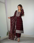 Lorenvalley Maroon Rangoli Silk Embroidery Sequence And Thread Work Kurta Trousers with Dupatta Set | Grocsy