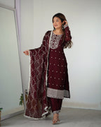 Lorenvalley Maroon Rangoli Silk Embroidery Sequence And Thread Work Kurta Trousers with Dupatta Set | Grocsy