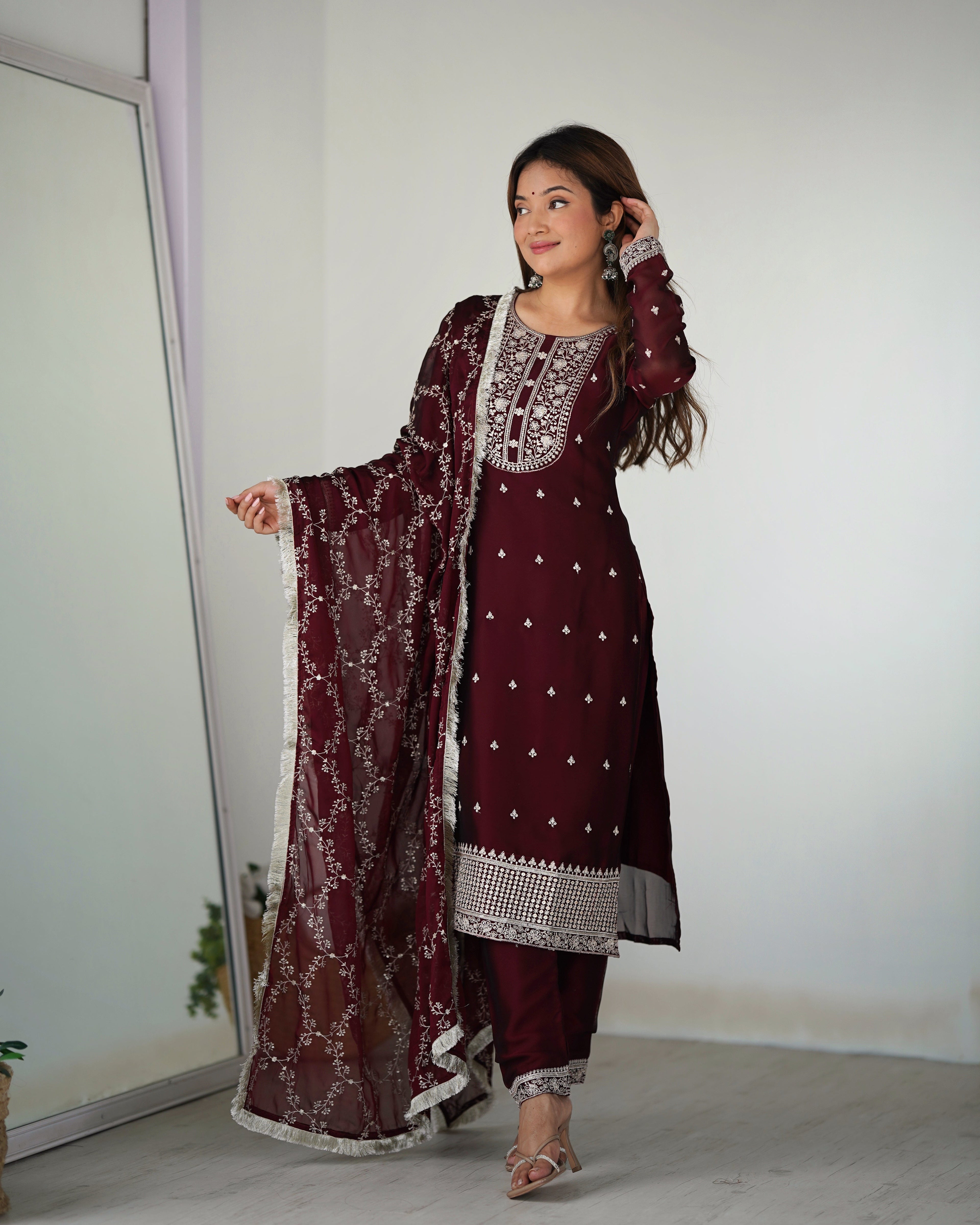 Lorenvalley Maroon Rangoli Silk Embroidery Sequence And Thread Work Kurta Trousers with Dupatta Set | Grocsy