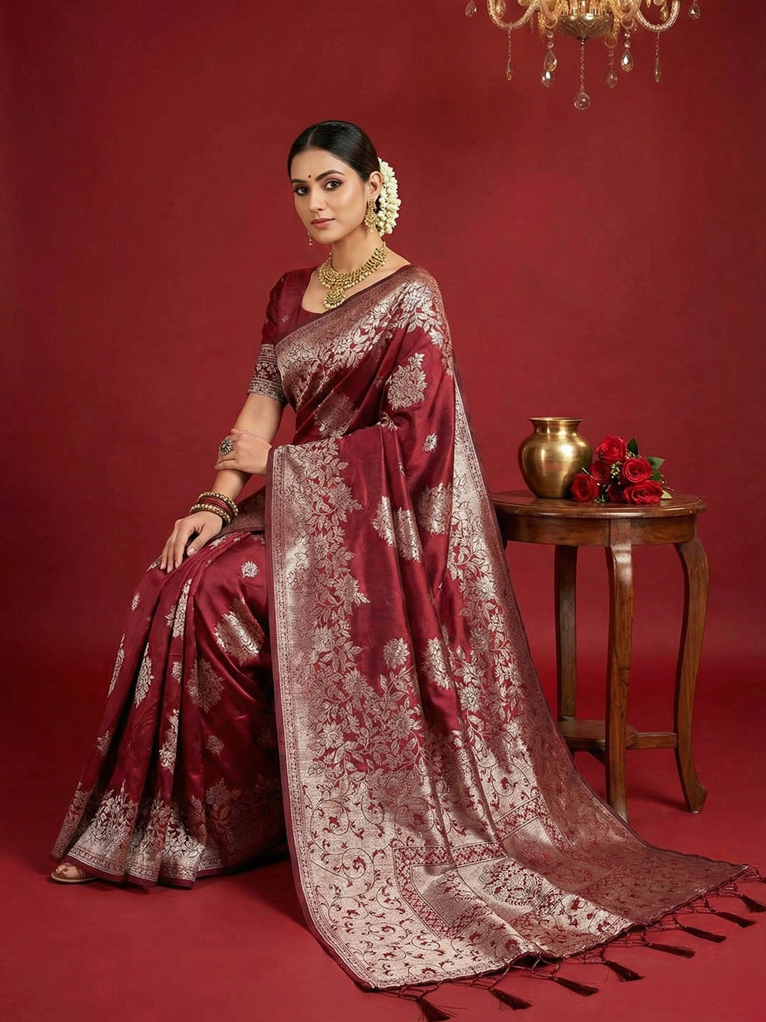 Anaita Maroon Silk Blend Woven Saree With Blouse | Grocsy