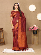 Lorenvalley Fashion Maroon Soft Silk Copper Zari weaving Design Saree | Grocsy