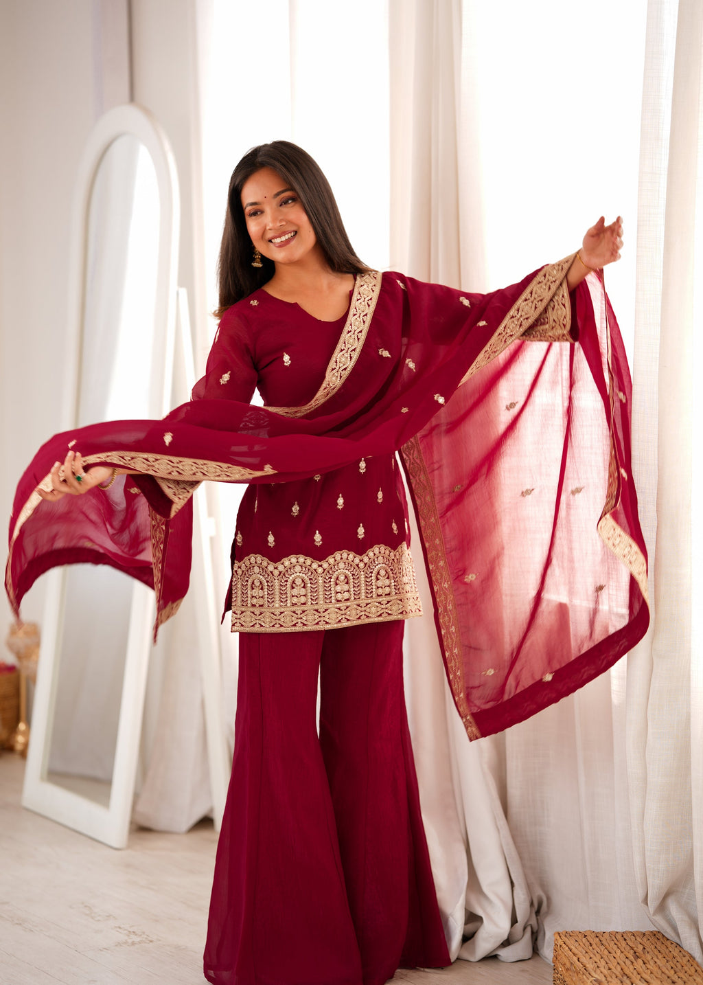 Lorenvalley Fashion Maroon Crunchy Silk with Embroidery Sequence, Dori and Zari Work Kurta Bell Bottom Pants with Dupatta | Grocsy